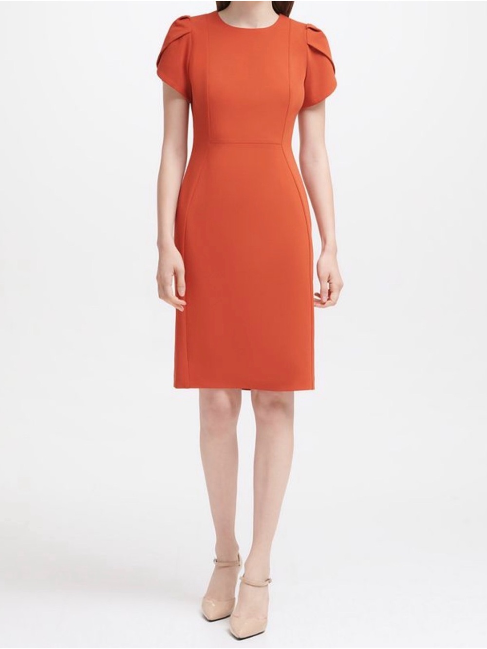 Calvin Klein Rust Orange Faux Suede Tulip Sleeve Sheath Dress Size 6